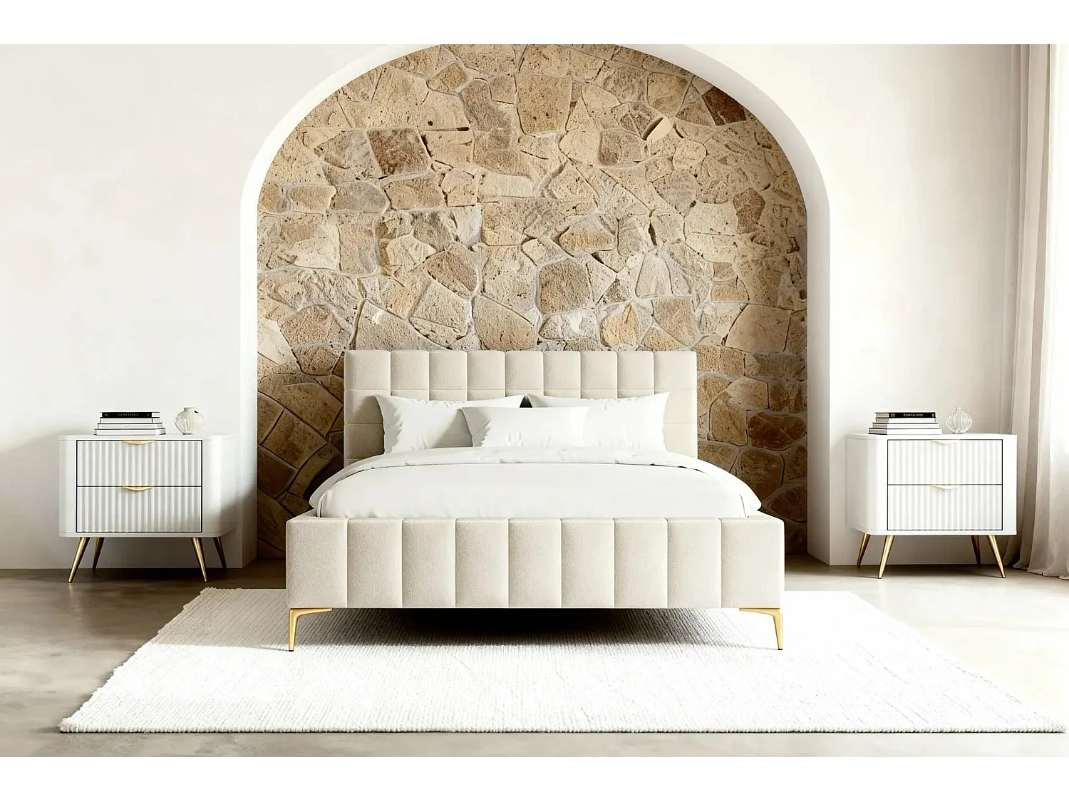 GREGOIRE - Lit coffre tissu chiné 140x200cm - Beige