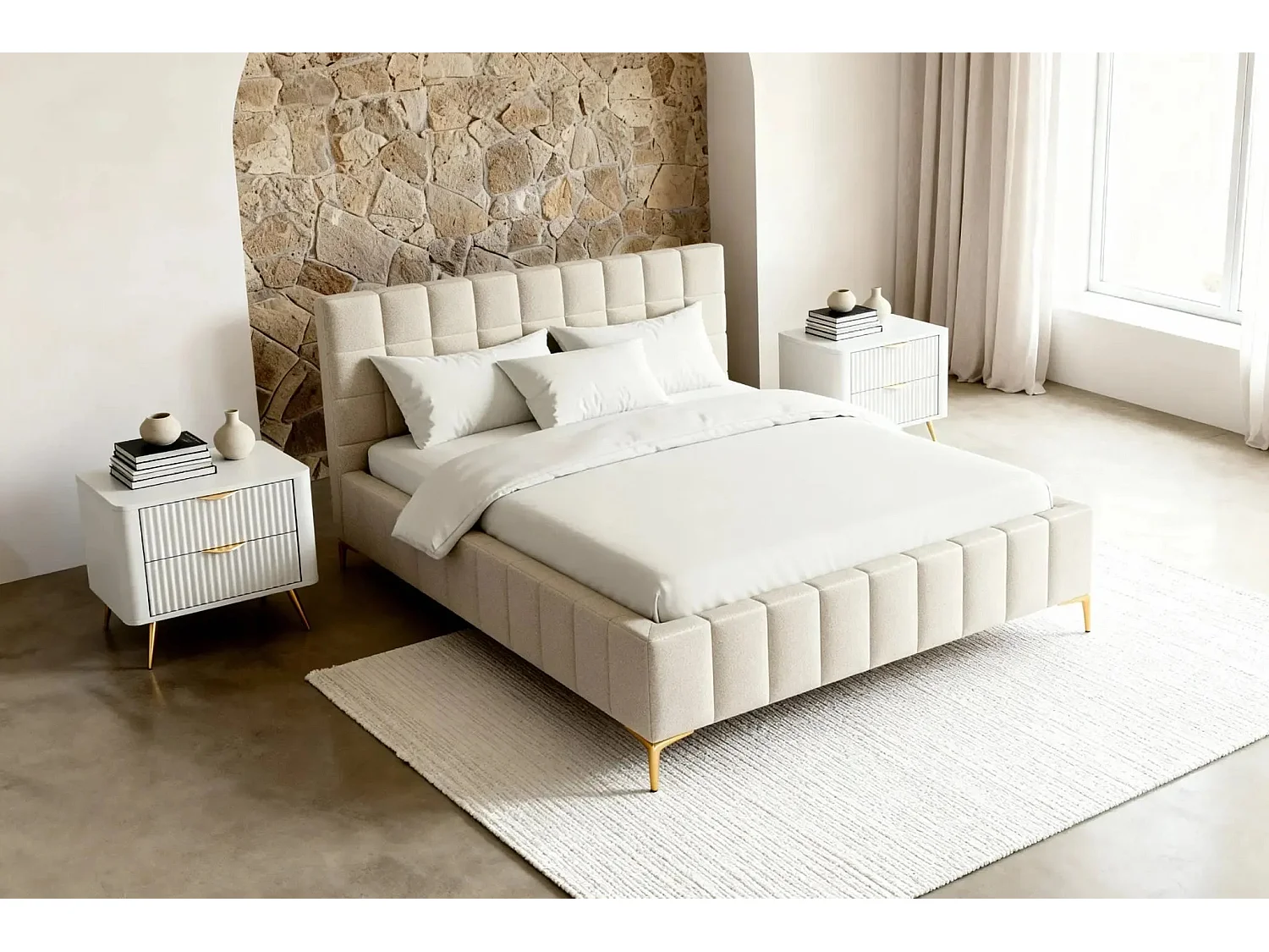 GREGOIRE - Lit coffre tissu chiné 140x200cm - Beige