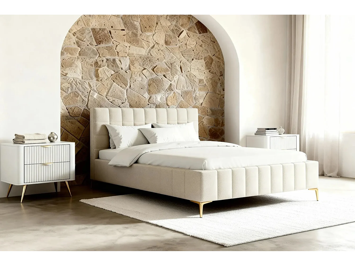GREGOIRE - Lit coffre tissu chiné 140x200cm - Beige