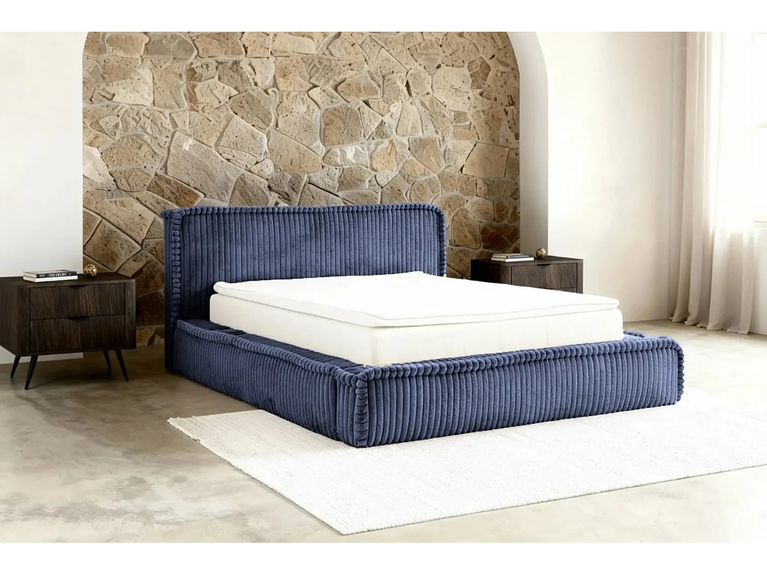 CAPUCINE - Lit coffre velours côtelé 160x200cm - Bleu