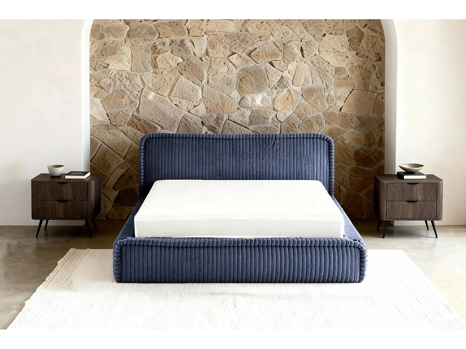 CAPUCINE - Lit coffre velours côtelé 160x200cm - Bleu