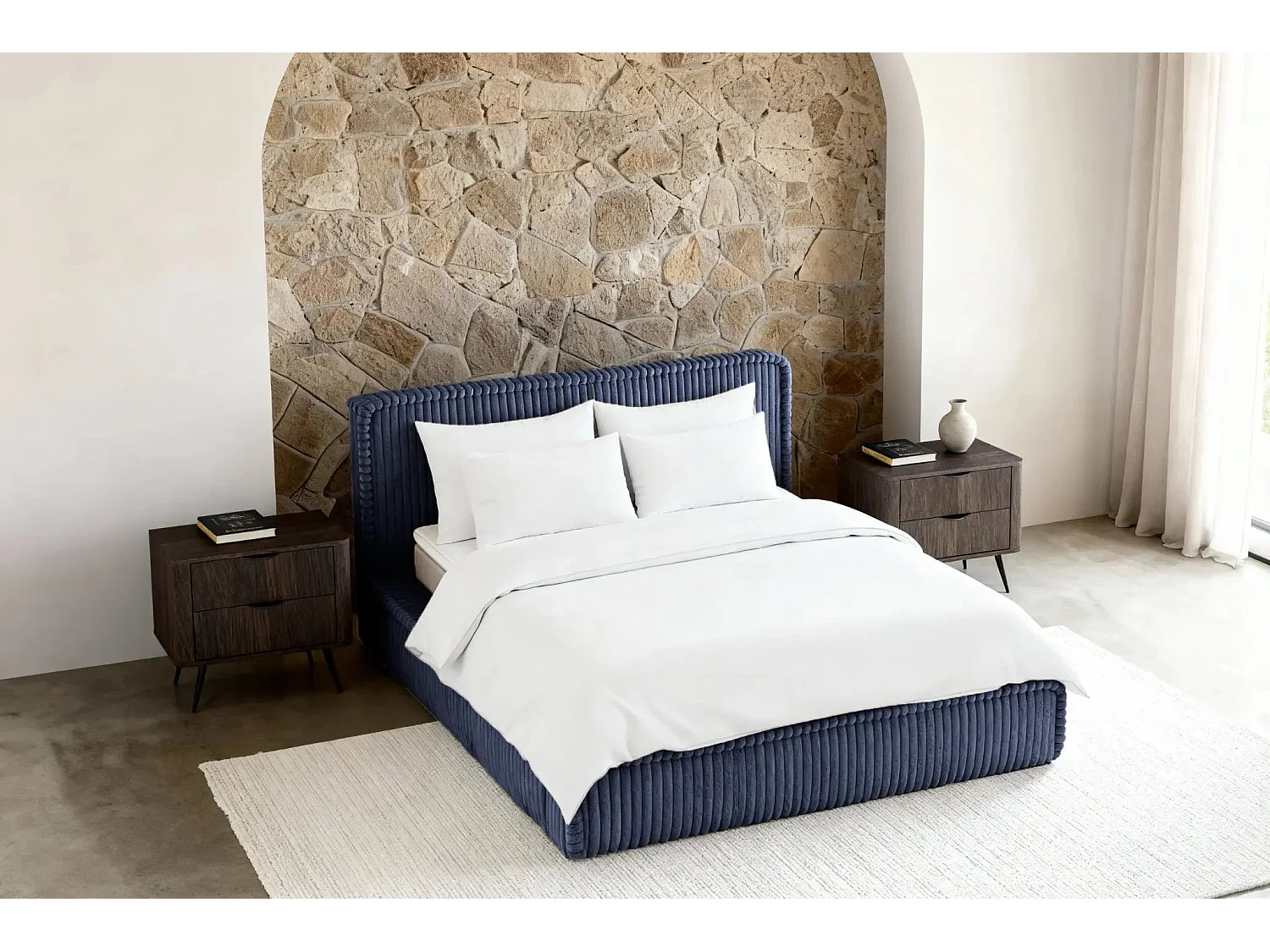 CAPUCINE - Lit coffre velours côtelé 160x200cm - Bleu