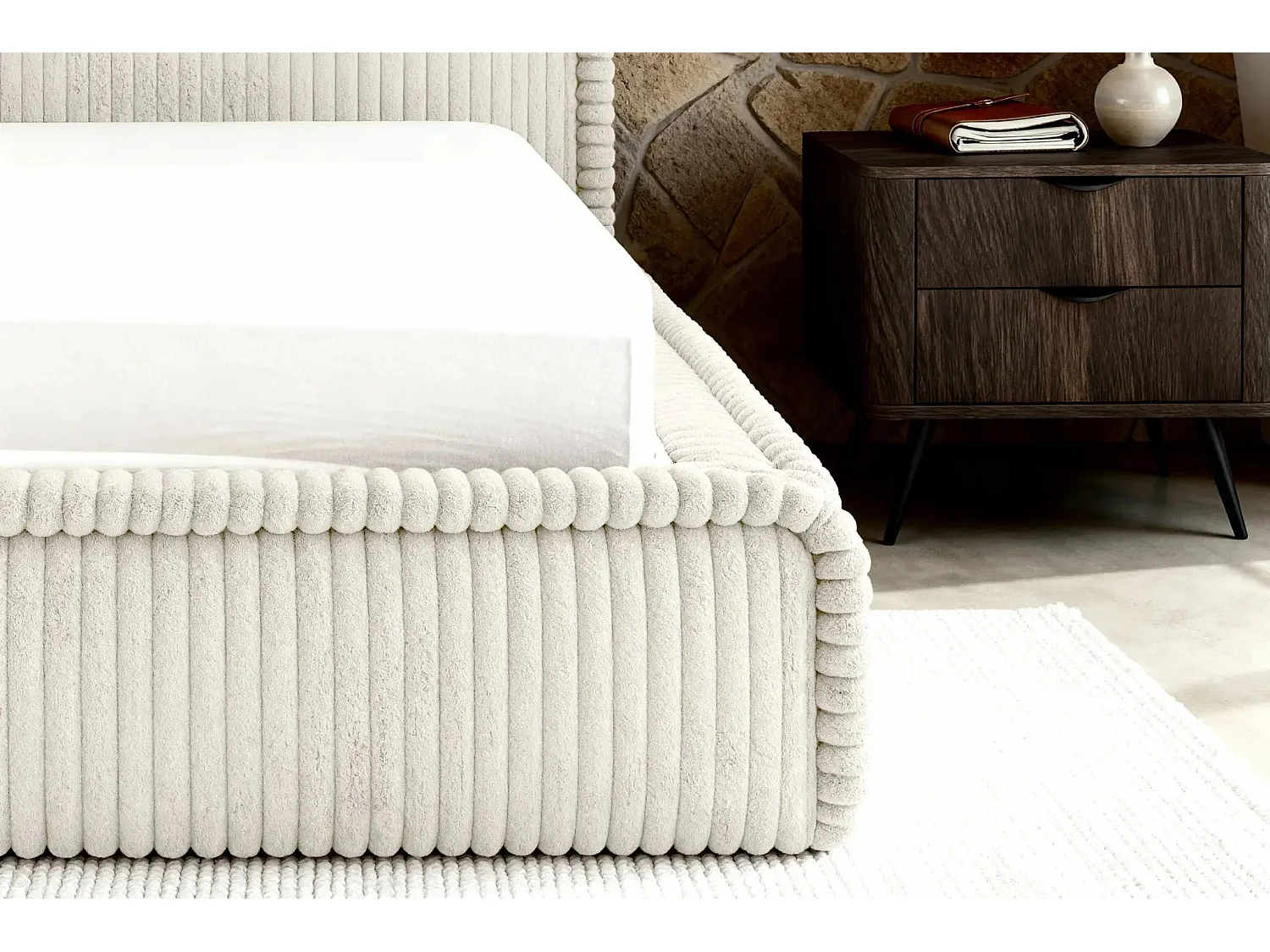 CAPUCINE - Lit coffre velours côtelé 180x200cm - Blanc