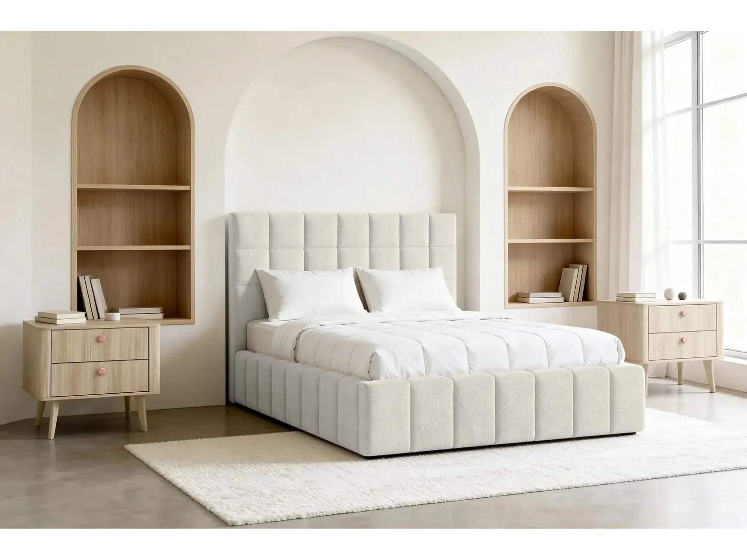 FLORENCE - Lit coffre tissu chenille 160x200cm - Blanc