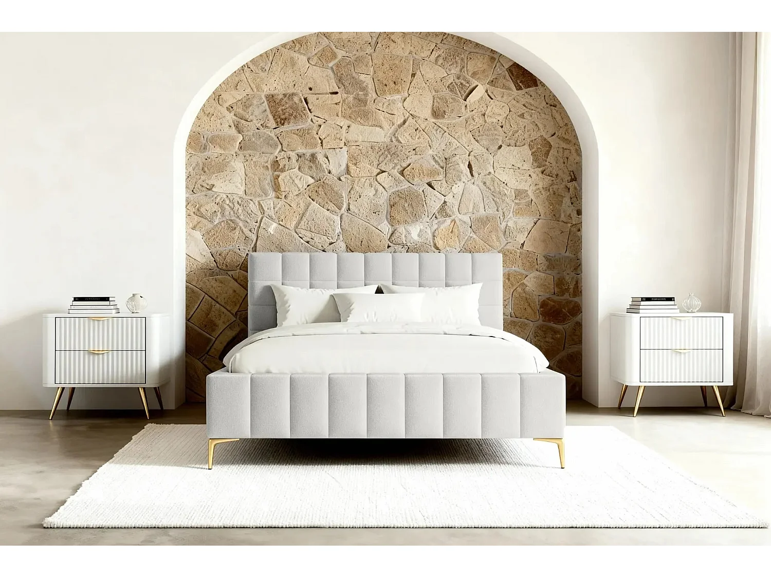 GREGOIRE - Lit coffre tissu chiné 140x200cm - Blanc
