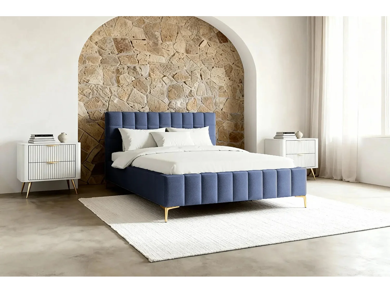 GREGOIRE - Lit coffre tissu chiné 160x200cm - Bleu