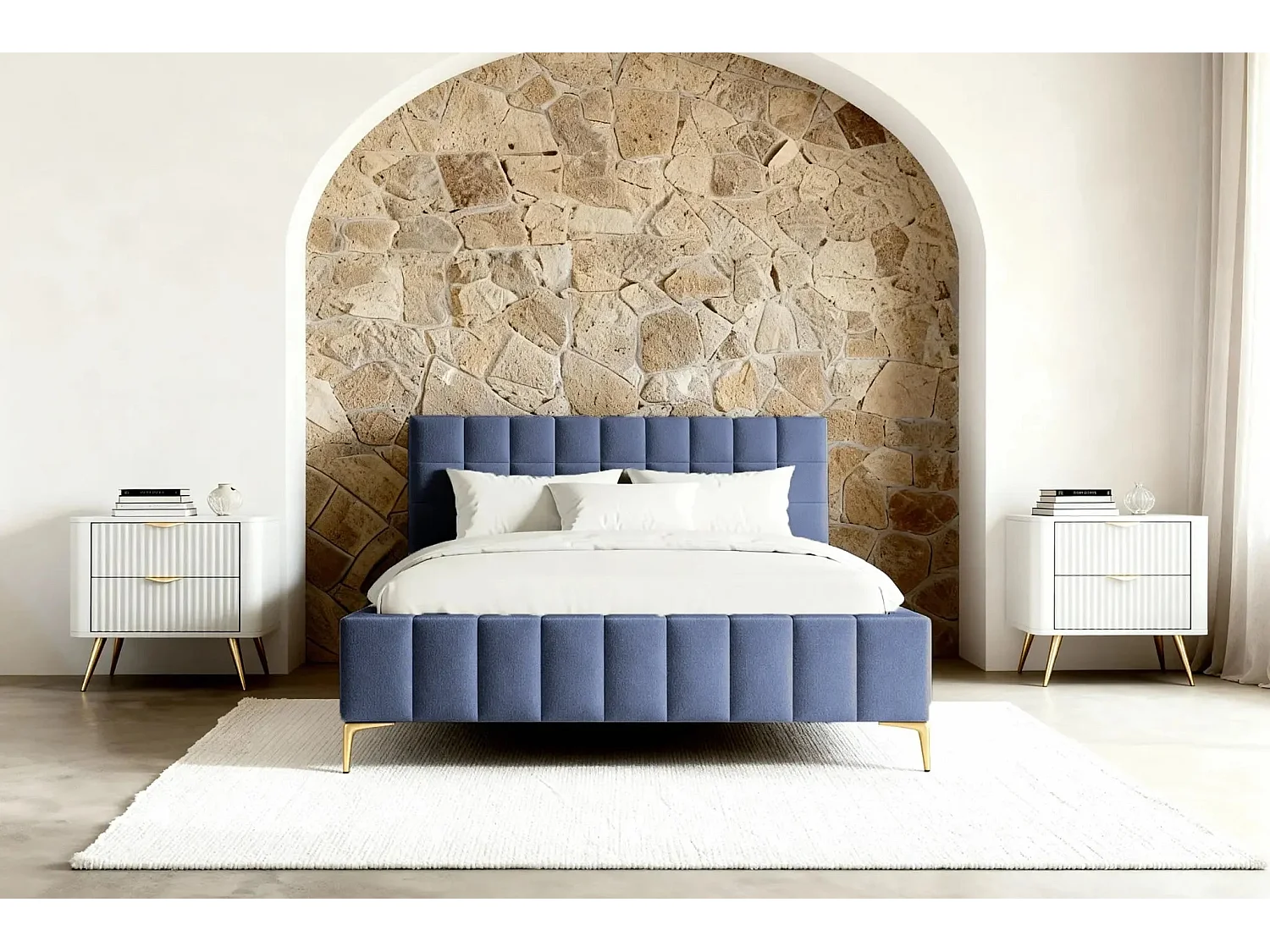 GREGOIRE - Lit coffre tissu chiné 160x200cm - Bleu