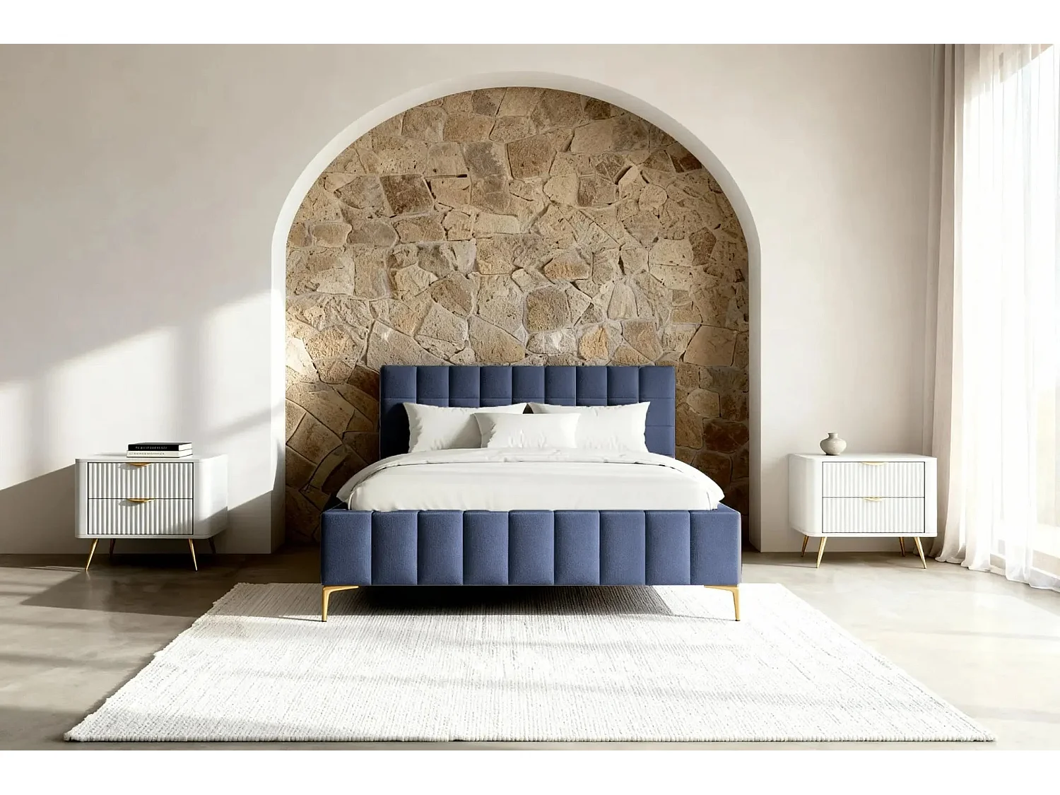 GREGOIRE - Lit coffre tissu chiné 160x200cm - Bleu