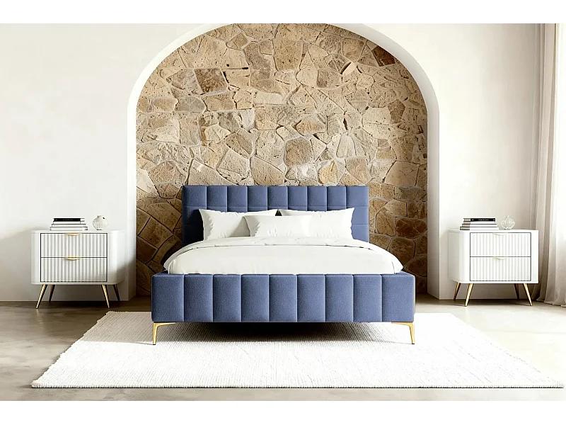 GREGOIRE - Lit coffre tissu chiné 160x200cm - Bleu