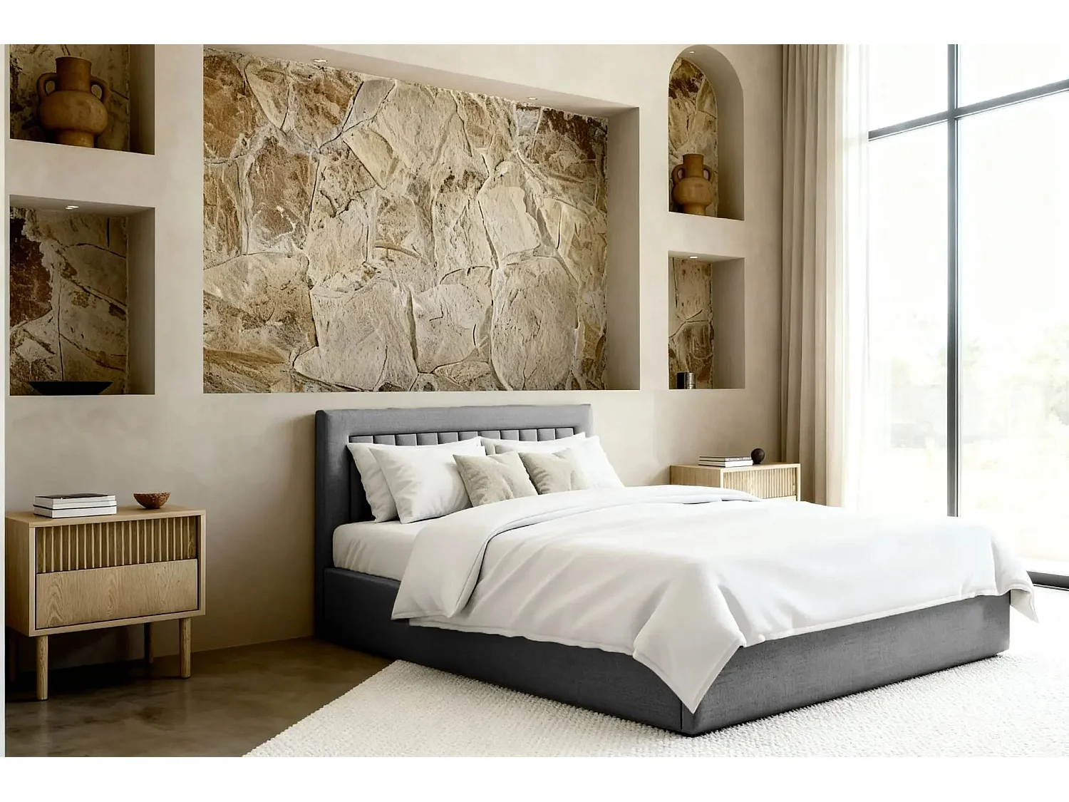 CAMILLE - Lit coffre tissu velours 160x200cm - Gris foncé