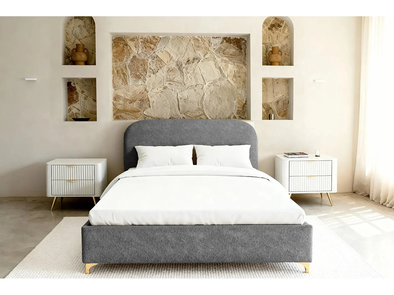 CHARLOTTE - Lit coffre tissu chenille 160x200cm - Gris foncé