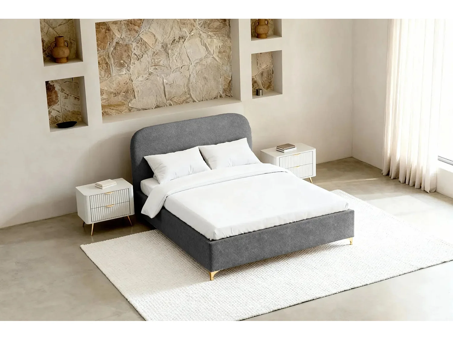 CHARLOTTE - Lit coffre tissu chenille 160x200cm - Gris foncé