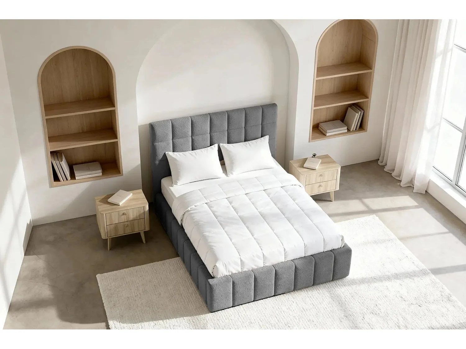 FLORENCE - Lit coffre tissu chenille 140x200cm - Gris foncé