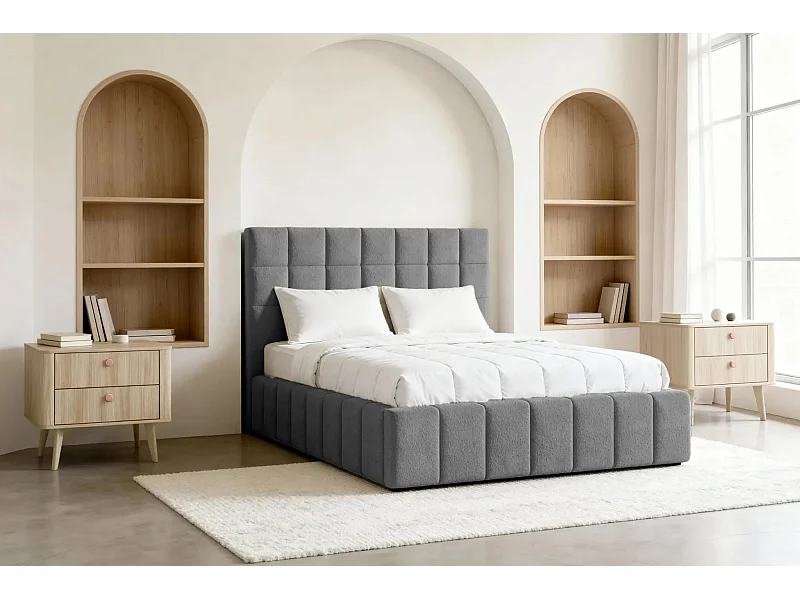 FLORENCE - Lit coffre tissu chenille 140x200cm - Gris foncé