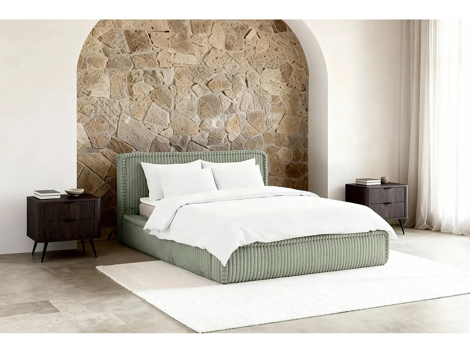 CAPUCINE - Lit coffre velours côtelé 160x200cm - Vert