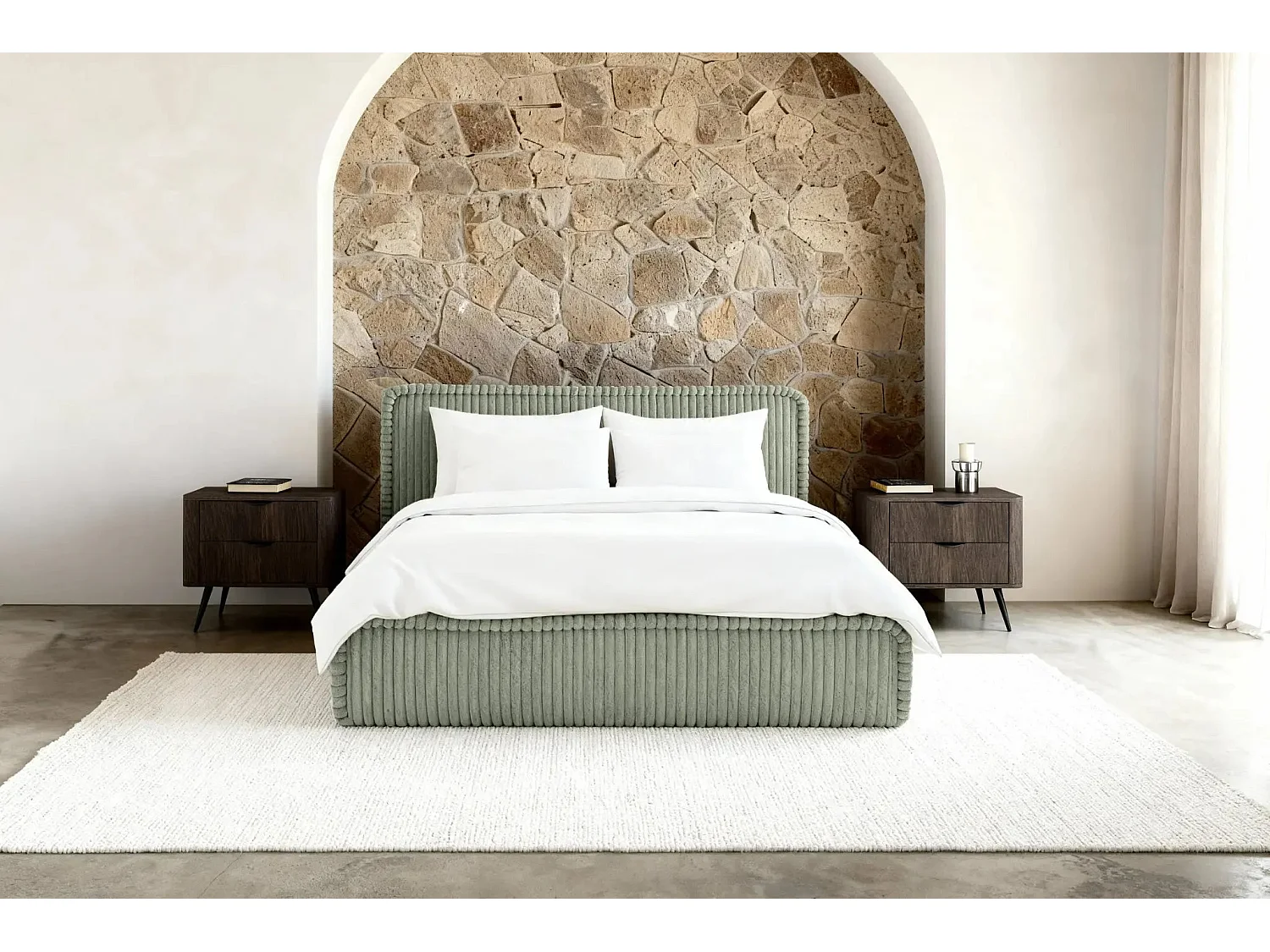 CAPUCINE - Lit coffre velours côtelé 160x200cm - Vert