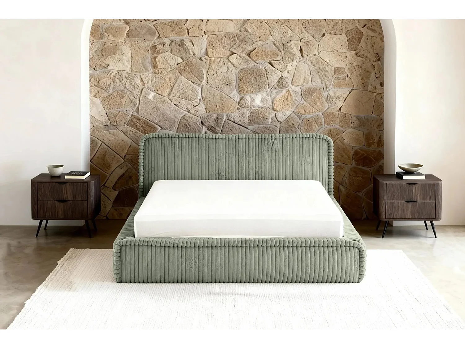 CAPUCINE - Lit coffre velours côtelé 160x200cm - Vert