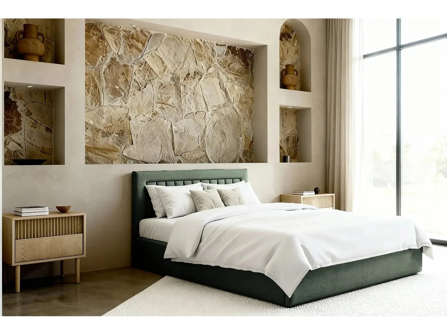 CAMILLE - Lit coffre tissu velours 140x200cm - Vert