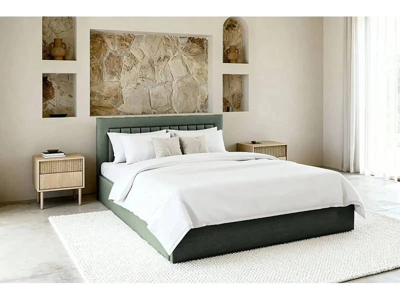CAMILLE - Lit coffre tissu velours 140x200cm - Vert