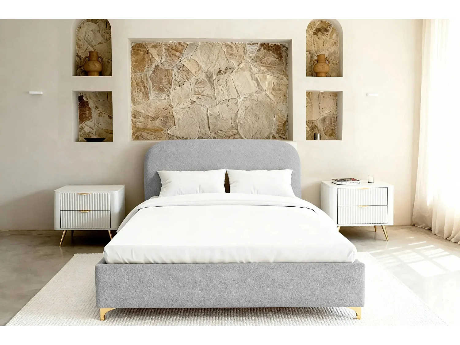 CHARLOTTE - Lit coffre tissu chenille 180x200cm - Gris clair