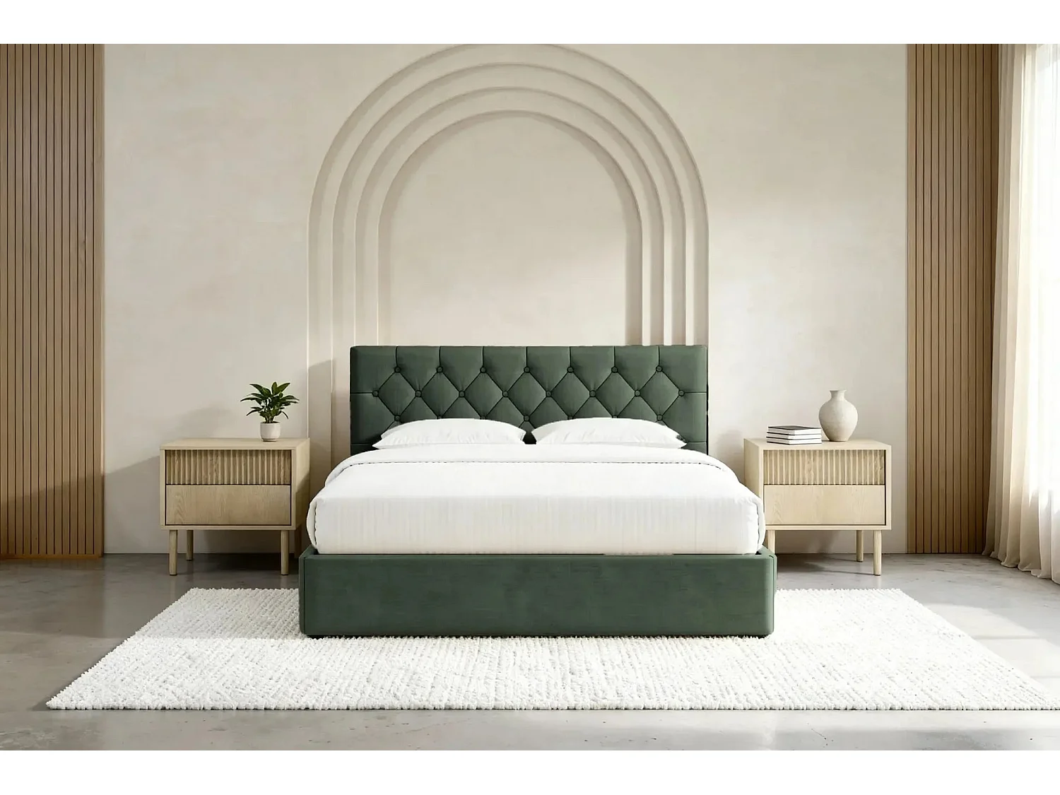 EMILE - Lit coffre tissu velours 140x200cm - Vert