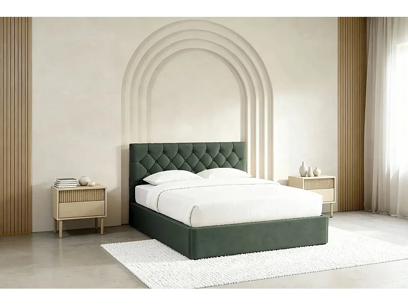 EMILE - Lit coffre tissu velours 140x200cm - Vert