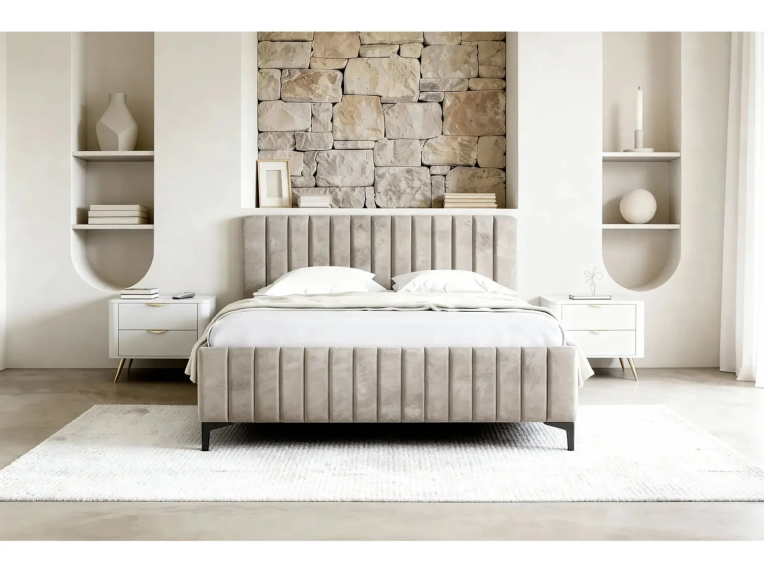 EDEN - Lit coffre tissu velours 160x200cm - Beige