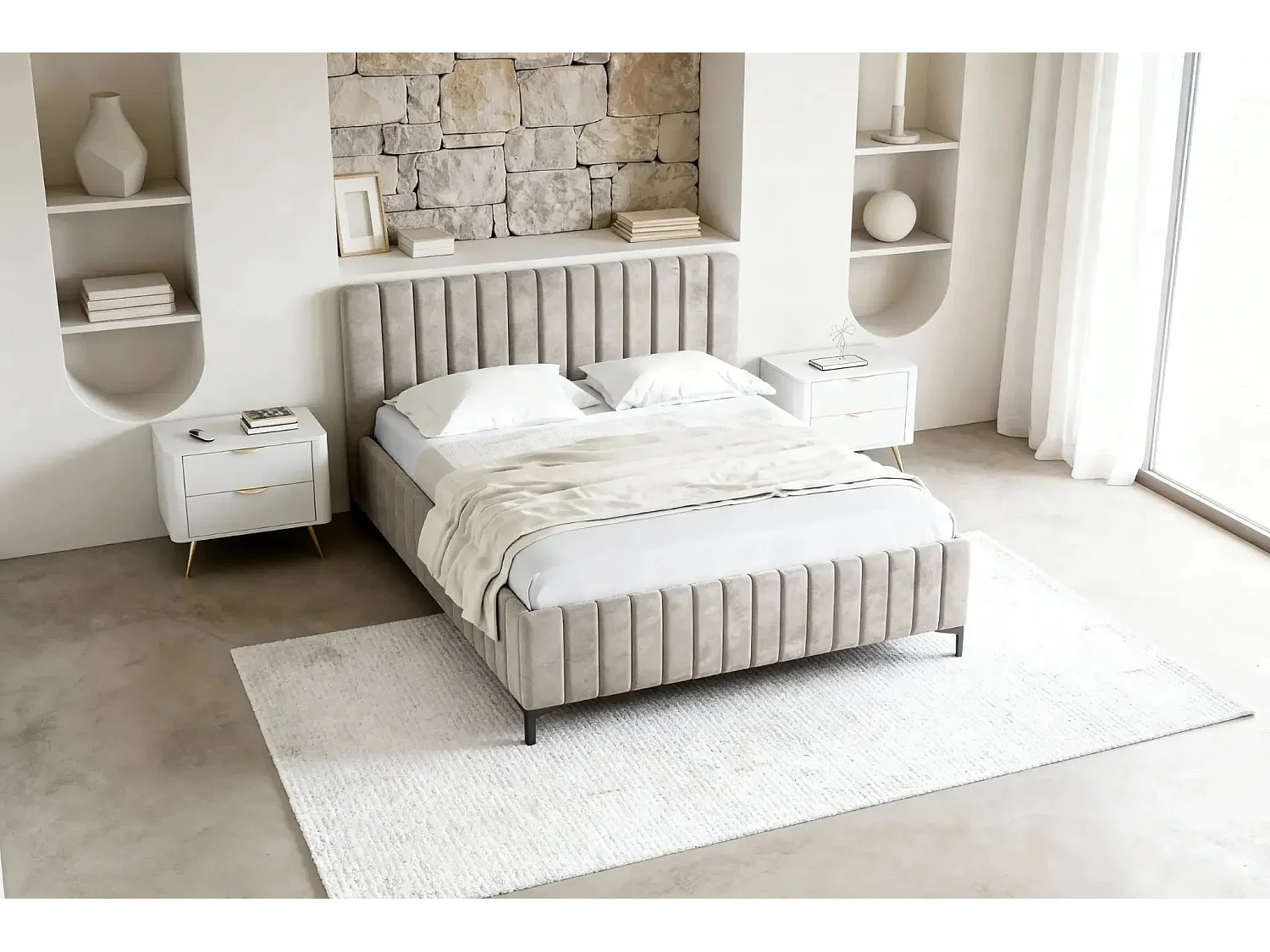 EDEN - Lit coffre tissu velours 160x200cm - Beige