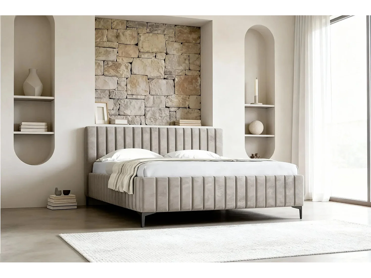 EDEN - Lit coffre tissu velours 160x200cm - Beige