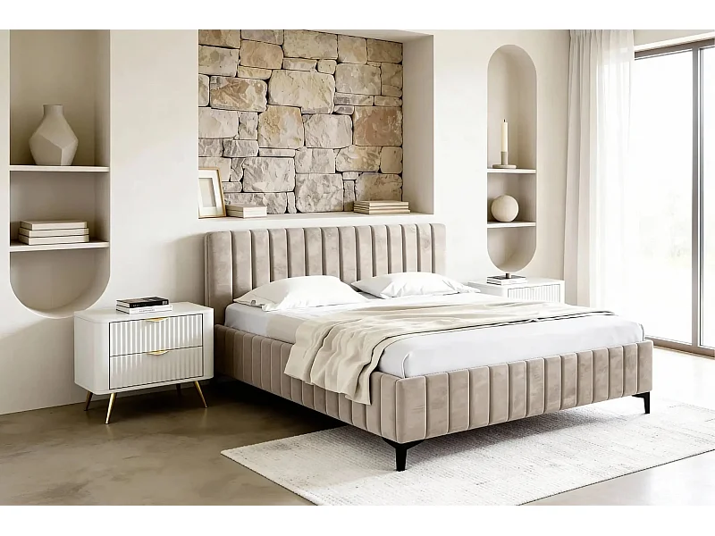 EDEN - Lit coffre tissu velours 160x200cm - Beige