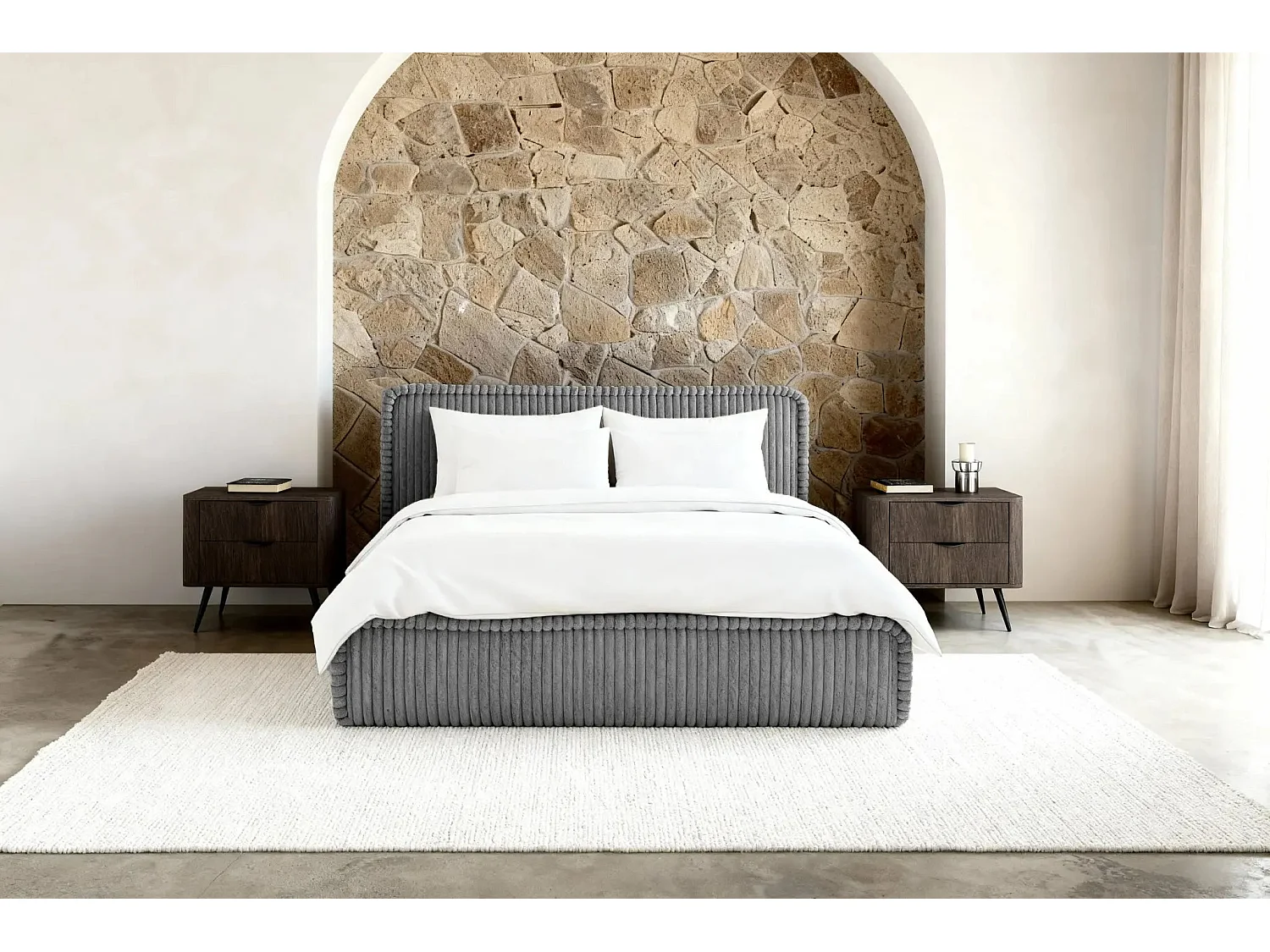 CAPUCINE - Lit coffre velours côtelé 160x200cm - Gris foncé