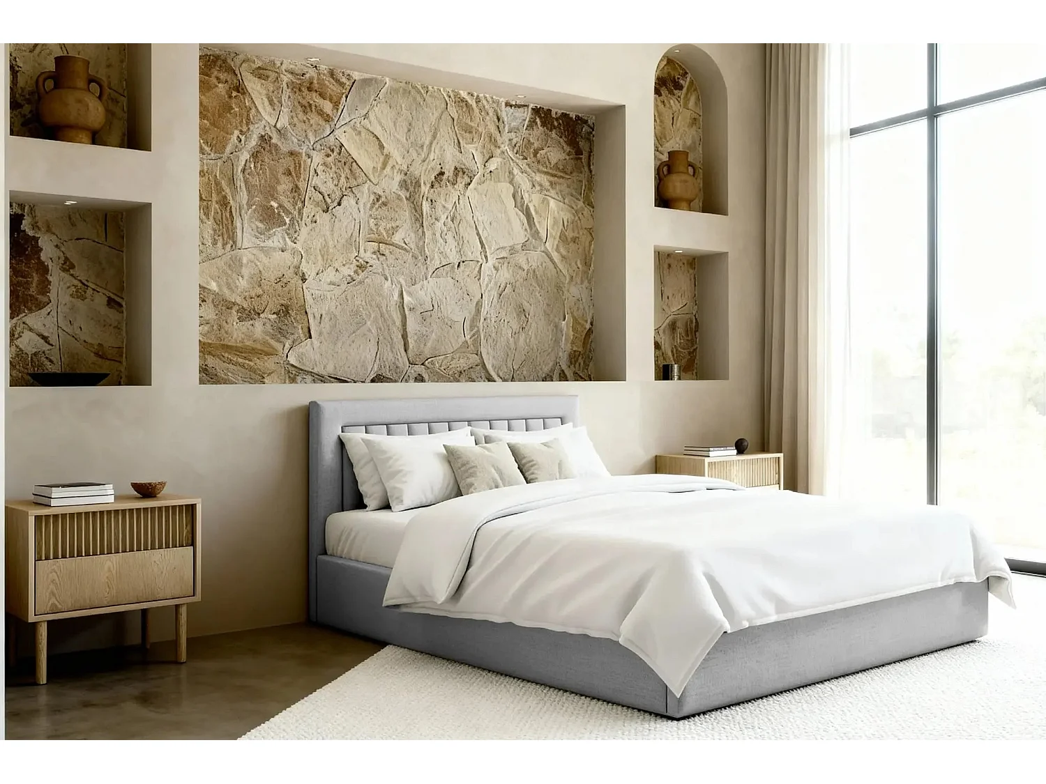 CAMILLE - Lit coffre tissu velours 140x200cm - Gris clair