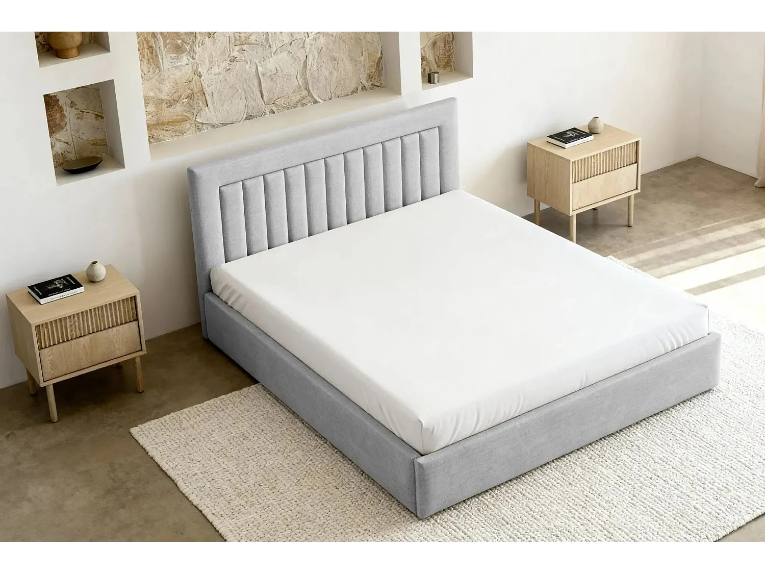 CAMILLE - Lit coffre tissu velours 140x200cm - Gris clair