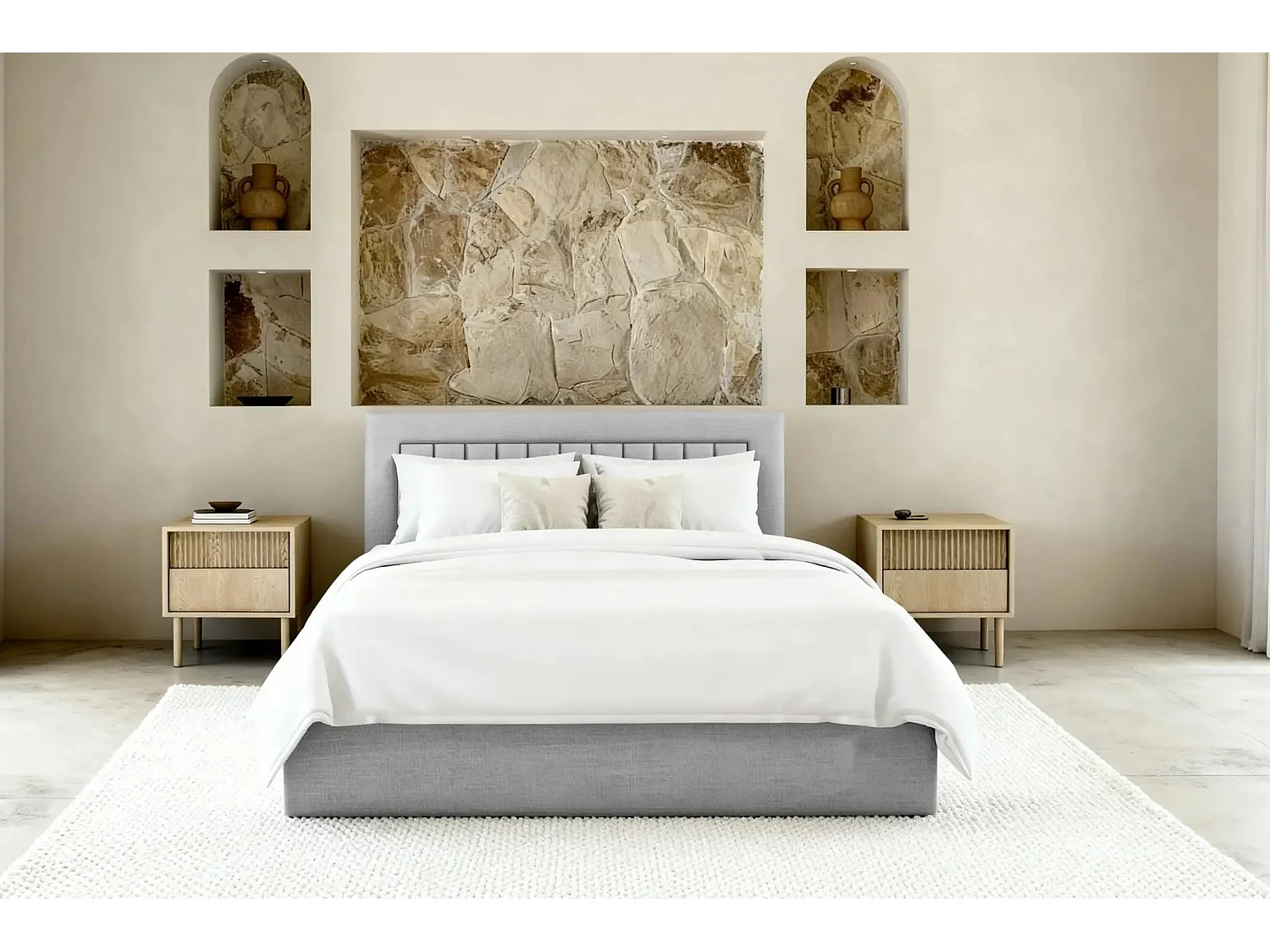 CAMILLE - Lit coffre tissu velours 140x200cm - Gris clair
