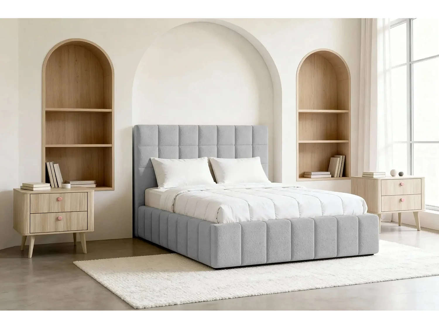 FLORENCE - Lit coffre tissu chenille 180x200cm - Gris clair