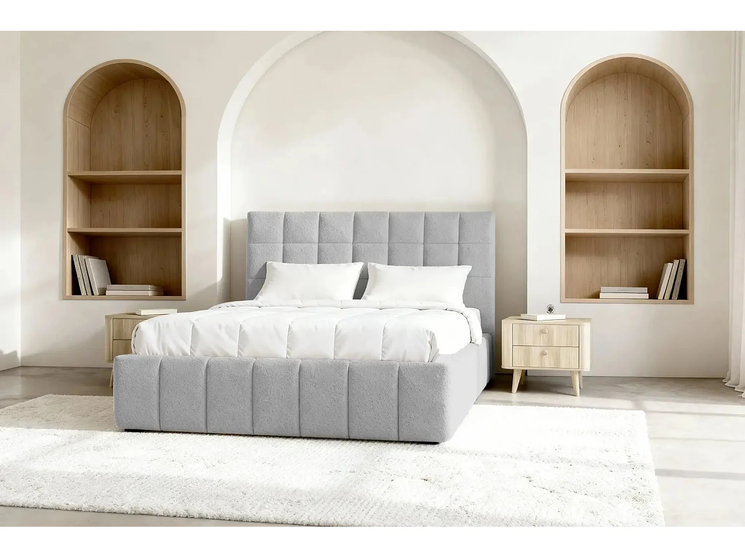 FLORENCE - Lit coffre tissu chenille 180x200cm - Gris clair