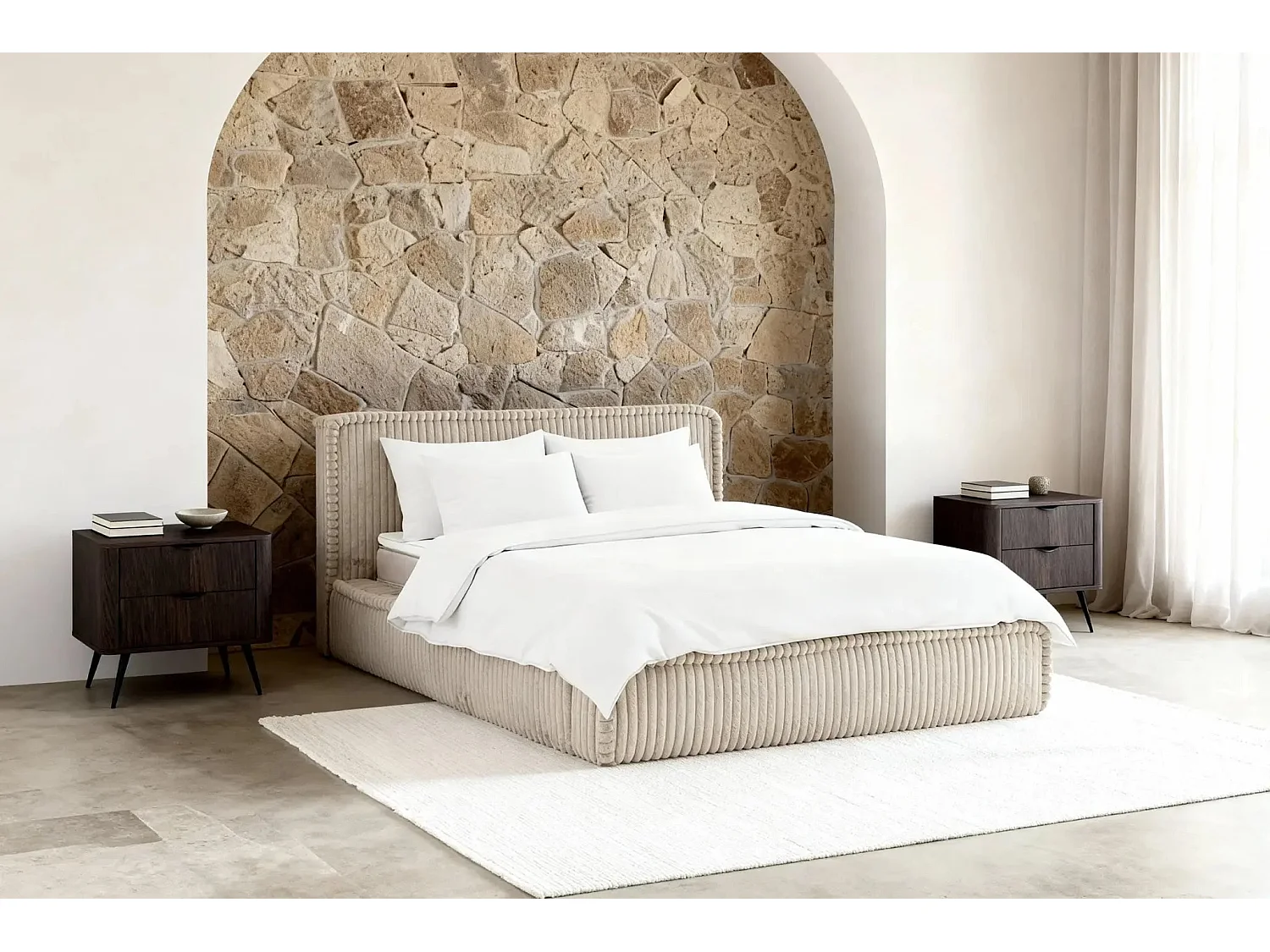 CAPUCINE - Lit coffre velours côtelé 160x200cm - Beige