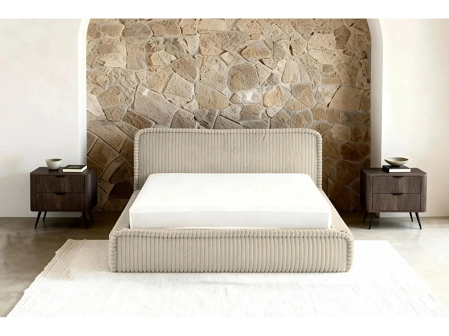 CAPUCINE - Lit coffre velours côtelé 160x200cm - Beige