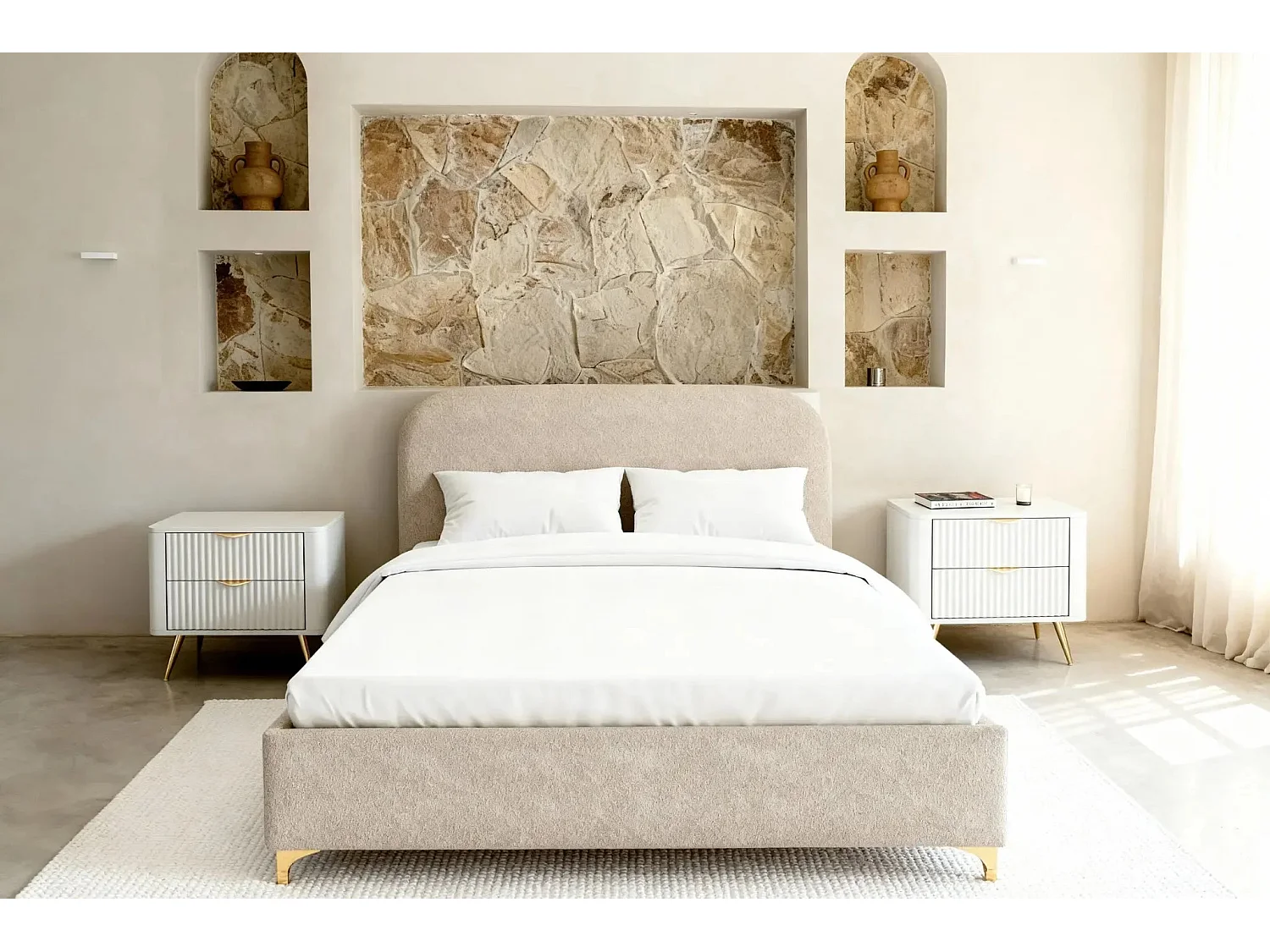 CHARLOTTE - Lit coffre tissu chenille 160x200cm - Beige