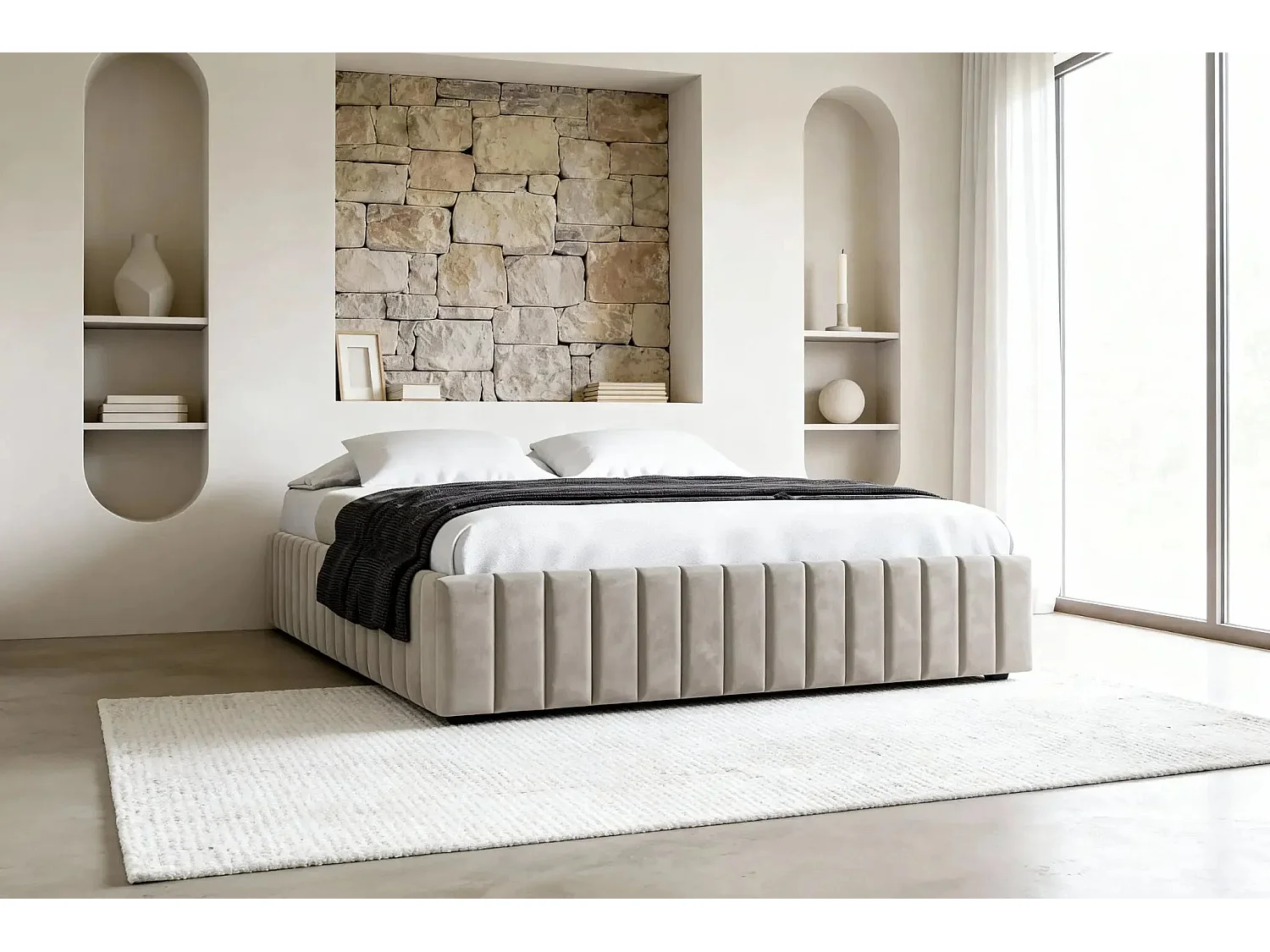 ELENA - Lit coffre tissu velours 160x200cm - Beige