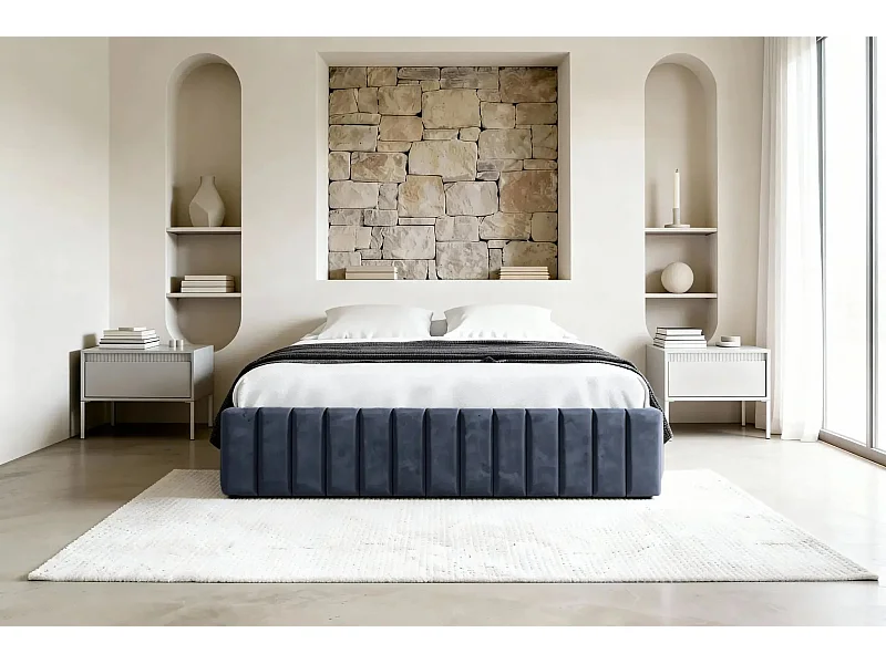 ELENA - Lit coffre tissu velours 180x200cm - Bleu