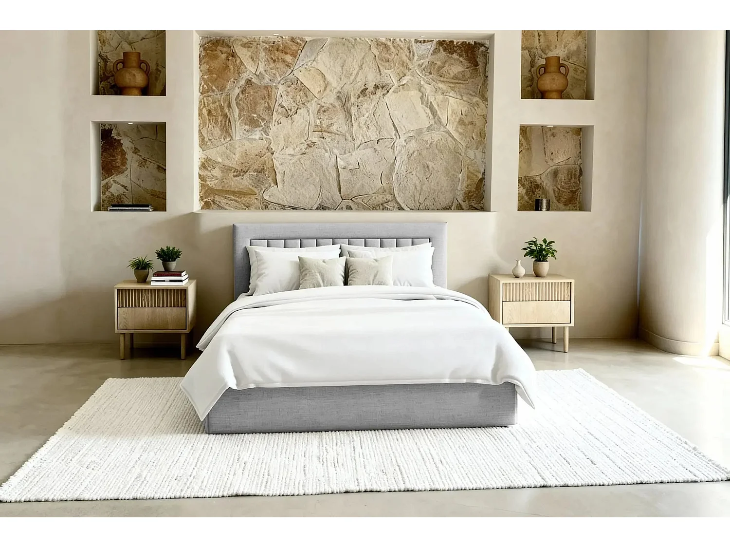 CAMILLE - Lit coffre tissu velours 160x200cm - Gris clair