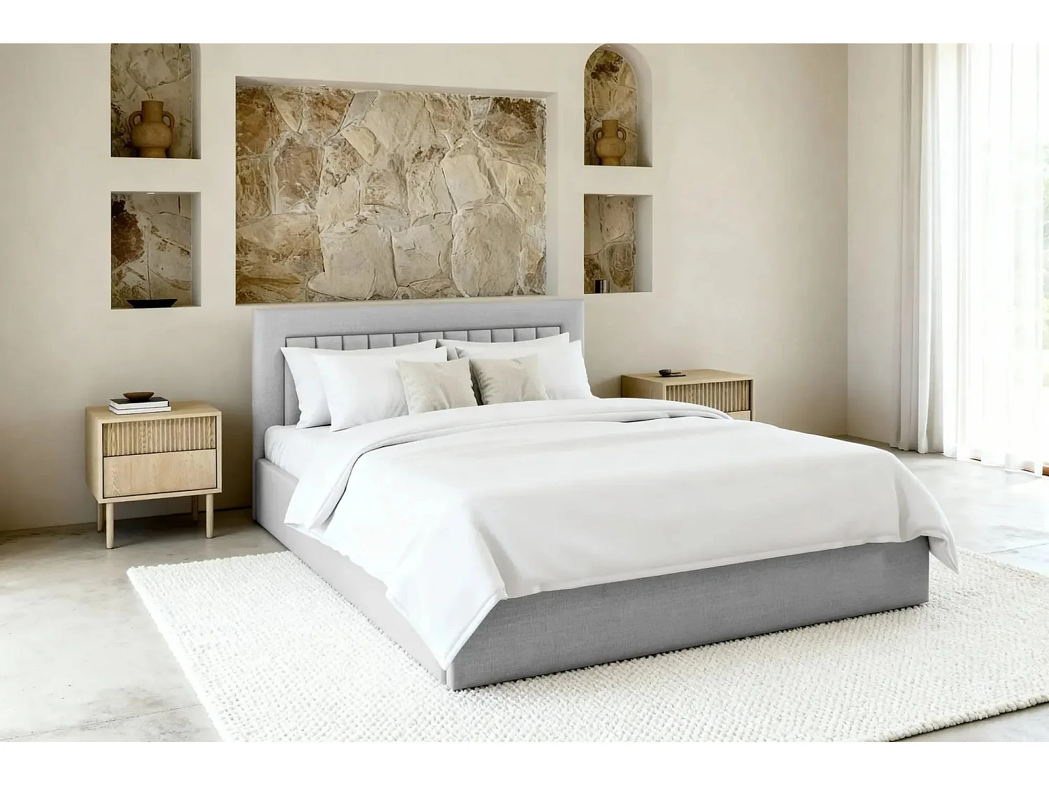 CAMILLE - Lit coffre tissu velours 160x200cm - Gris clair