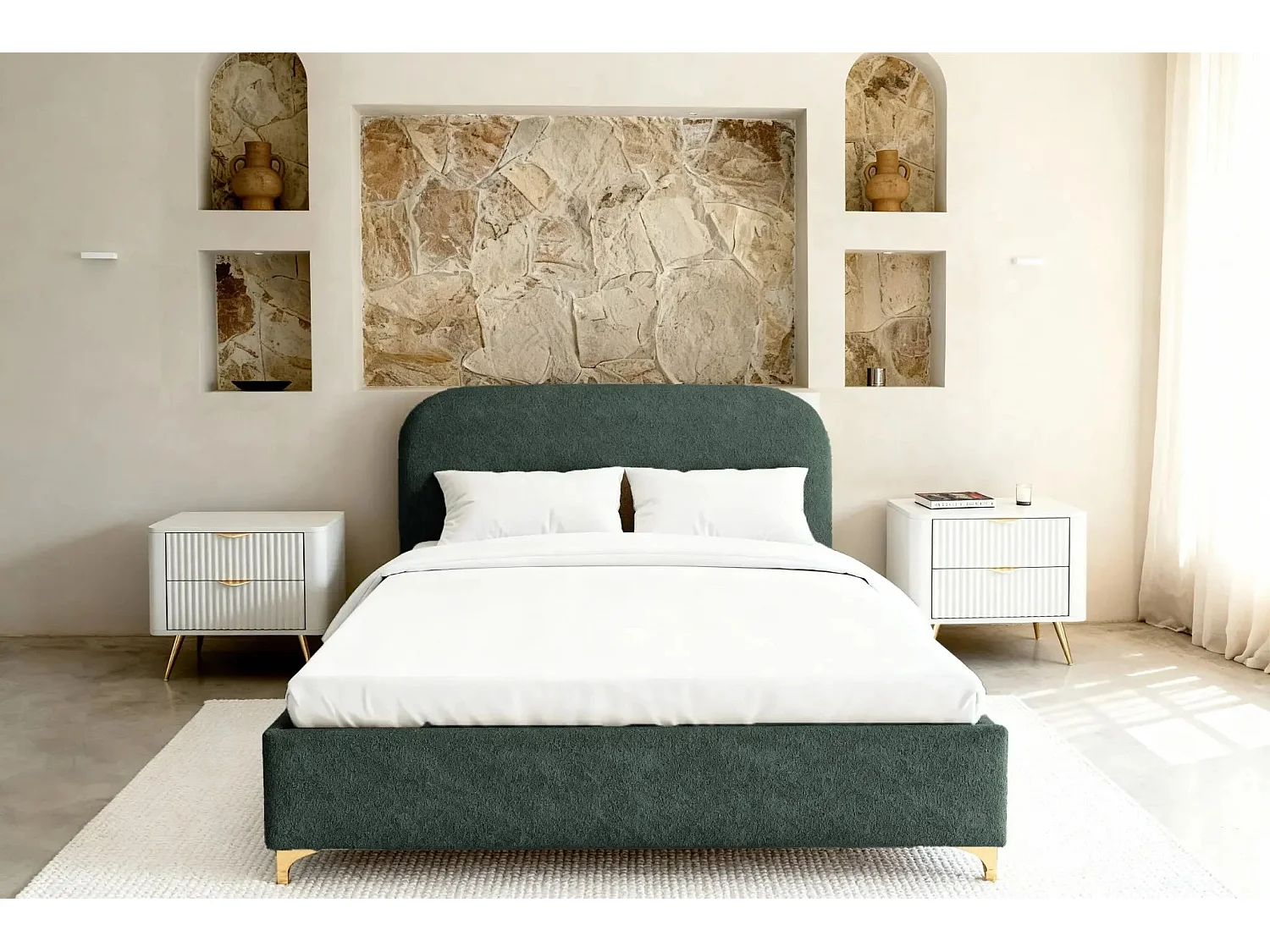 CHARLOTTE - Lit coffre tissu chenille 140x200cm - Vert