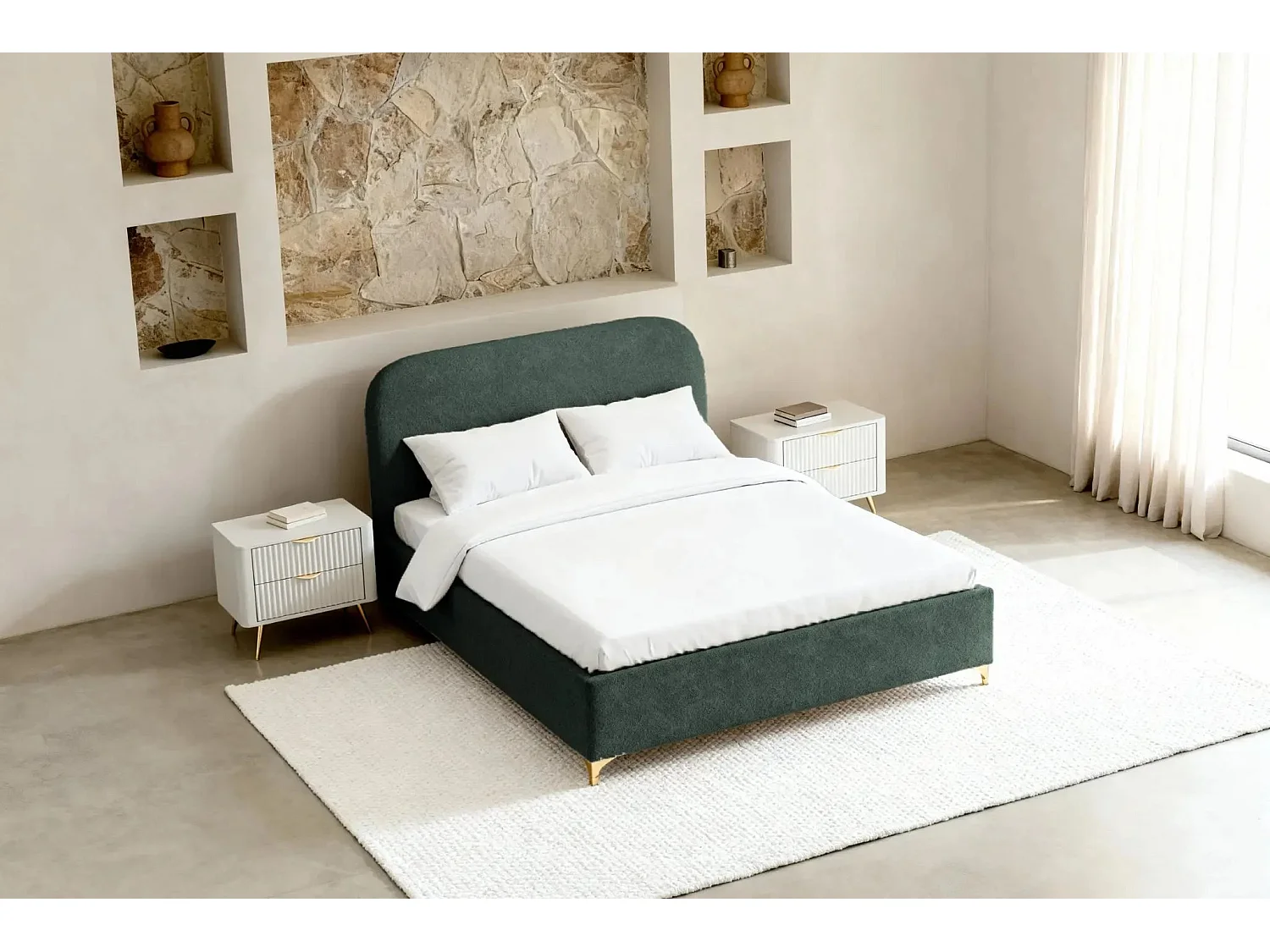 CHARLOTTE - Lit coffre tissu chenille 140x200cm - Vert