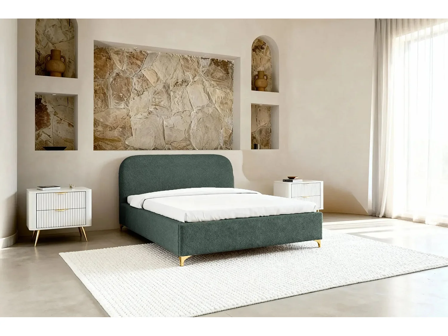 CHARLOTTE - Lit coffre tissu chenille 140x200cm Vert