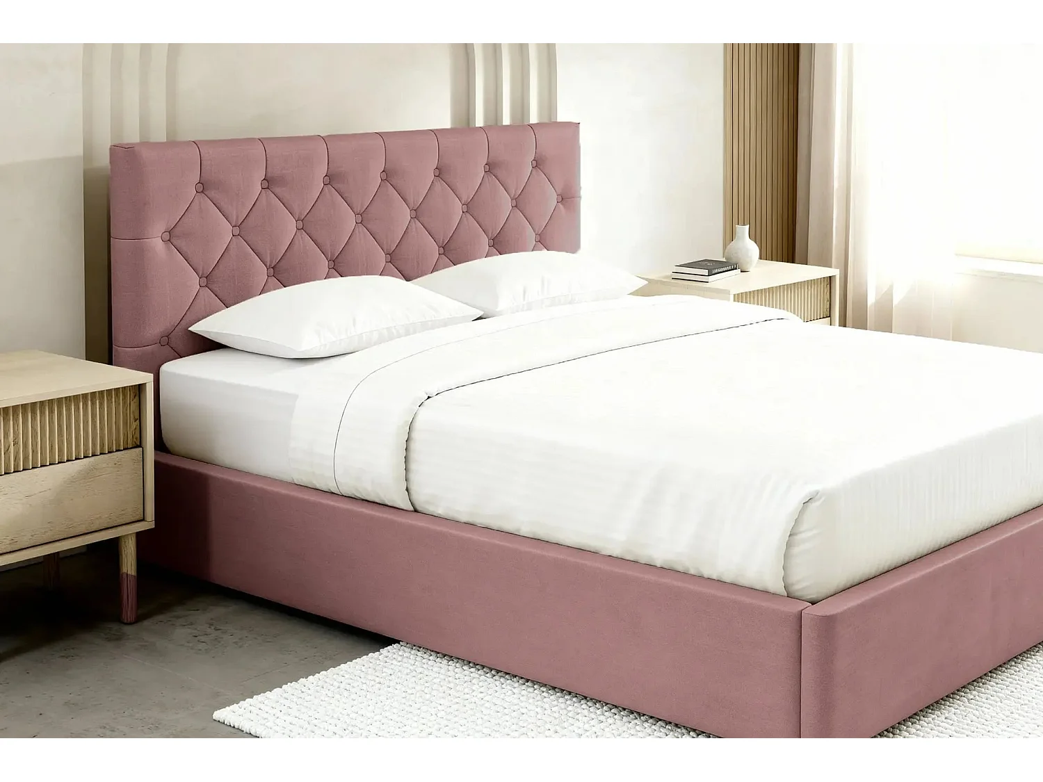 EMILE - Lit coffre tissu velours 160x200cm - Rose