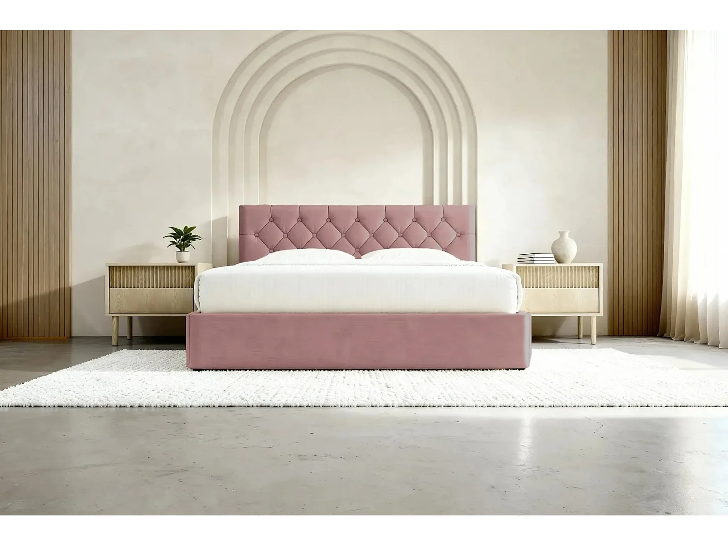 EMILE - Lit coffre tissu velours 160x200cm - Rose