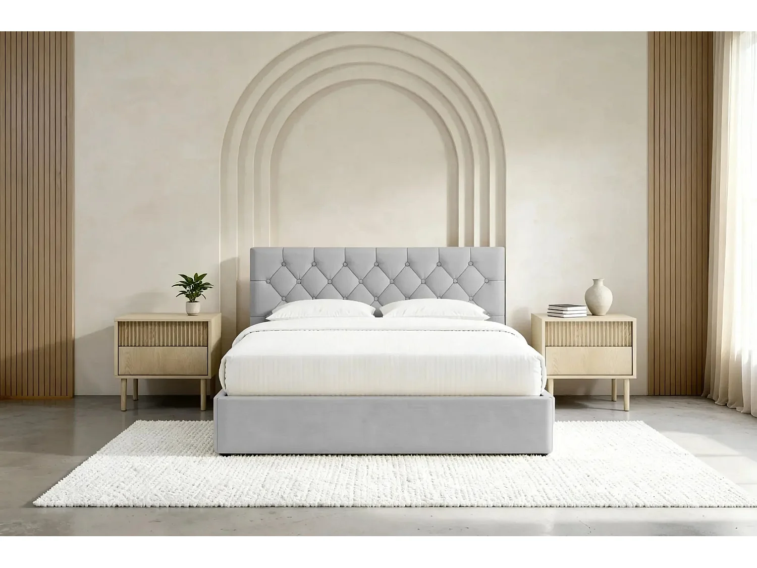 EMILE - Lit coffre tissu velours 160x200cm - Gris clair