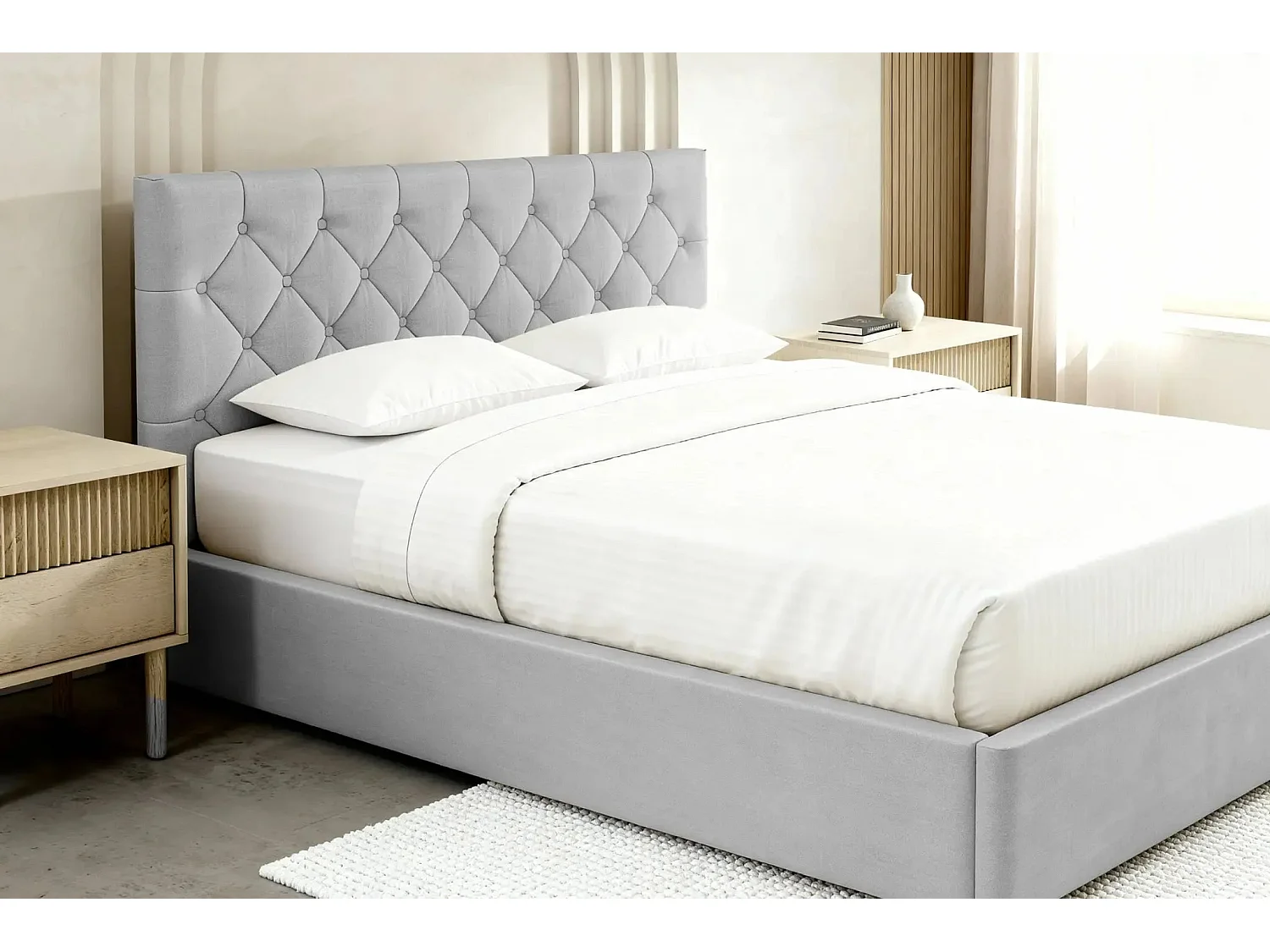 EMILE - Lit coffre tissu velours 160x200cm - Gris clair